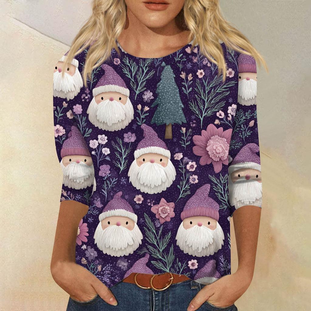 Women's Fashion Casual Round Neck 3/4 Sleeve Loose Printed T-Shirt Ladies Top