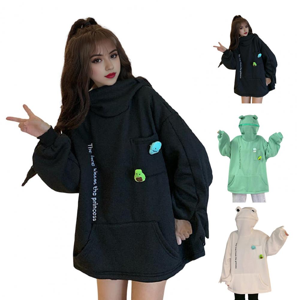 Унисекс Осень Зима Толстовка с капюшоном в форме лягушки с капюшоном на молнии Утолщенный плюш Теплый Вышитые буквы Большой карман Длинные рукава Пара Поездки на работу