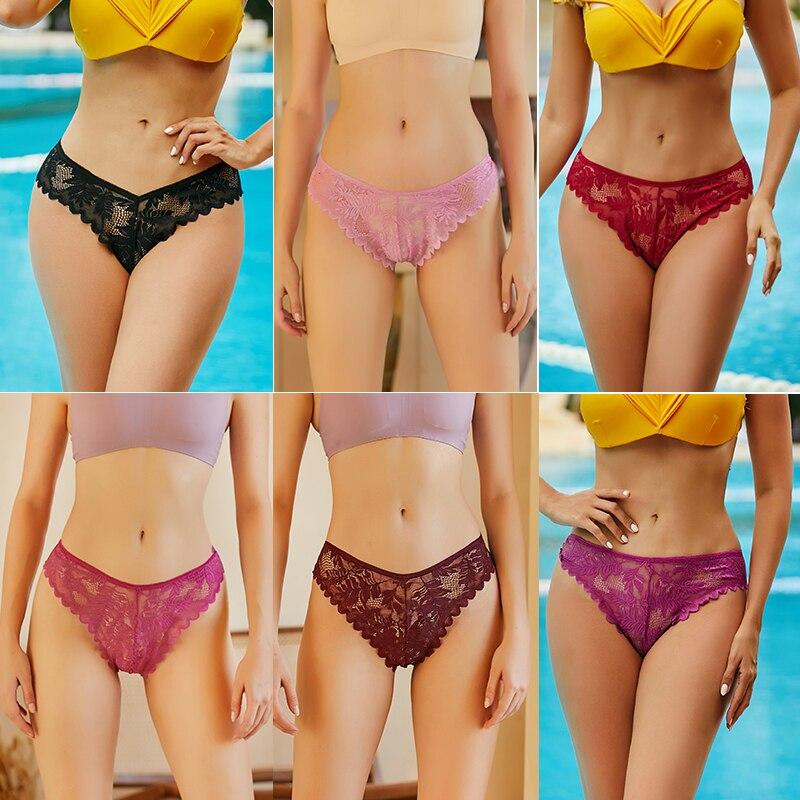 FINTOO 3PCS/Set Sexy V Waist Floral Lace Women Panties Perspective Underwear Thongs Brazilian Briefs Lingerie Comfort Female Underpants