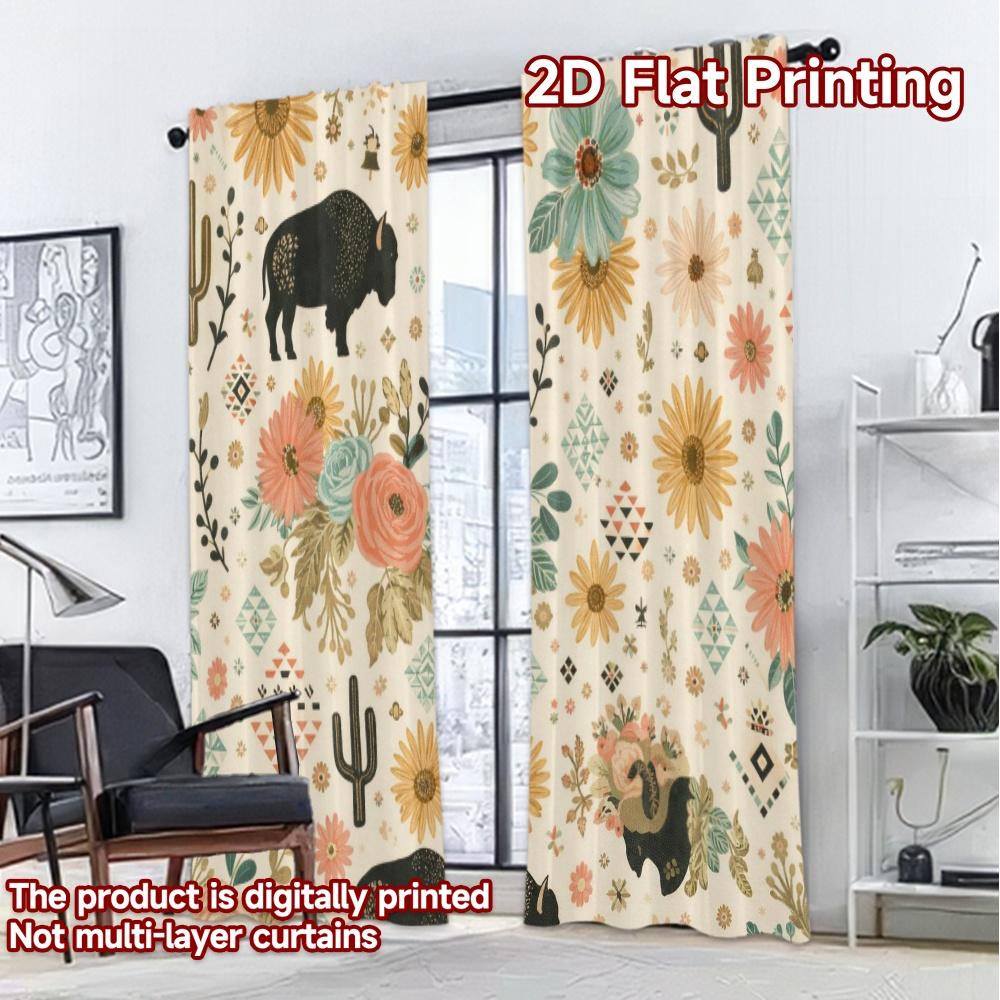 2D FLAT PRINTING 2pcs Curtains (Without Rod) Southwestern Floral Bison Chic Chic Curtains Prints Light Filtering Curtains Home