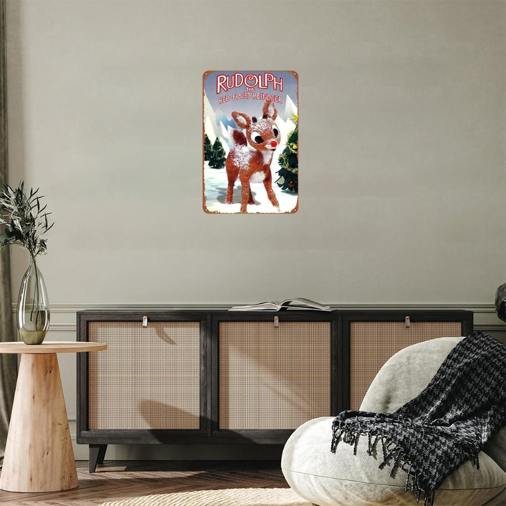 Одна штука, винтажная металлическая табличка с изображением оленя Рудольфа с красным носом, праздничное украшение на стену для дома и гаража, 8x12 дюймов