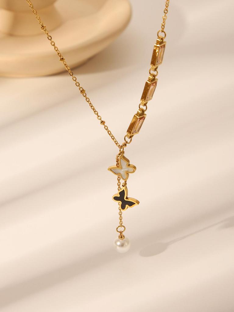 Европейская и американская мода Y-образное ожерелье из нержавеющей стали на ключицу с ракушкой, бабочкой и кисточками в виде маленьких цветов