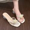 2025 Summer 5cmTransparent Square Heels Women Sandals Slides Pearl Butterfly-knot Open Toe Flip Flops Mujer
