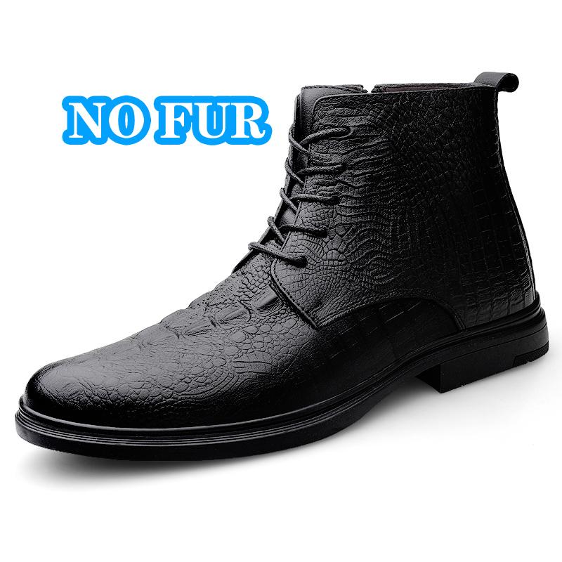 FashionGenuine Leather Men Motorcycle Boots High Top Casual Ankle Boots Warm Plush Fur Winter Footwear Crocodile Pattern Business Shoes