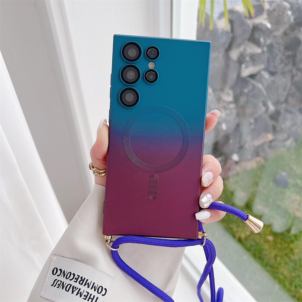 Ремешок через плечо, чехол Magsafe для Samsung S24 S23 S22 Ultra/iphone 15 14 13 12 11 Pro Max, градиентный матовый силиконовый чехол с беспроводной зарядкой, задняя крышка