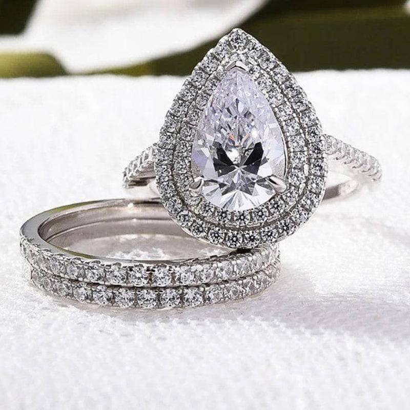 Huitan Luxury 3Pcs Set Rings for Engagement Party Female Bright Drop-shaped Zirconia Finger Accessories Gorgeous Wedding Band