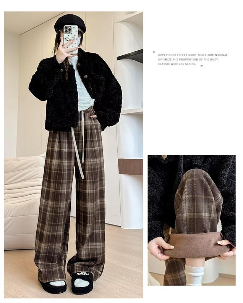 Vasarhely Gaucho Loose Elastic Waist Women's Wide-Leg Pants, Fall/Winter, Fleece-Lined, Warm, Fit, Casual, Long, (XL, Coffee)