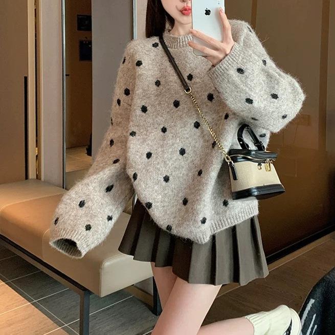 Korean crew neck pullover loose polka dot knitted sweater women's 1011 new autumn winter lazy style retro outerwear sweater