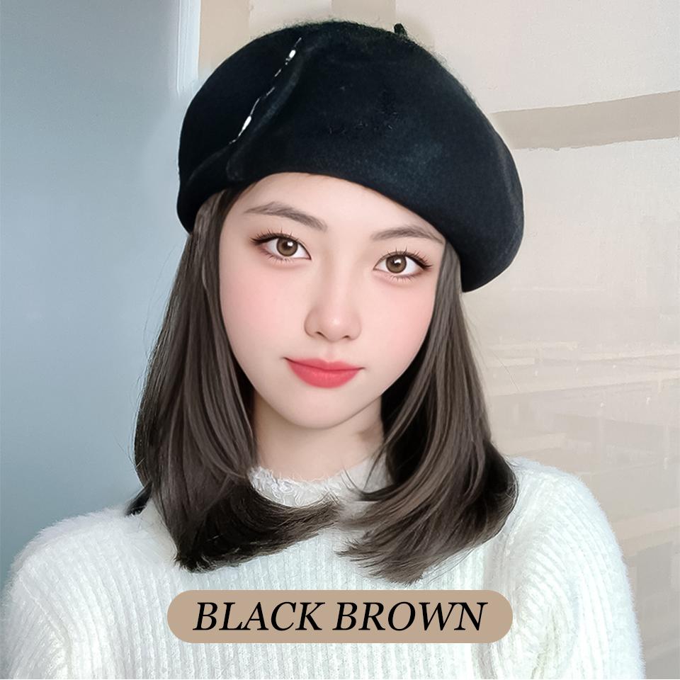 WTB Synthetic Hat Wig Female Autumn and Winter Button Woolen Short Straight Clavicle Beret Temperament Joker Wig