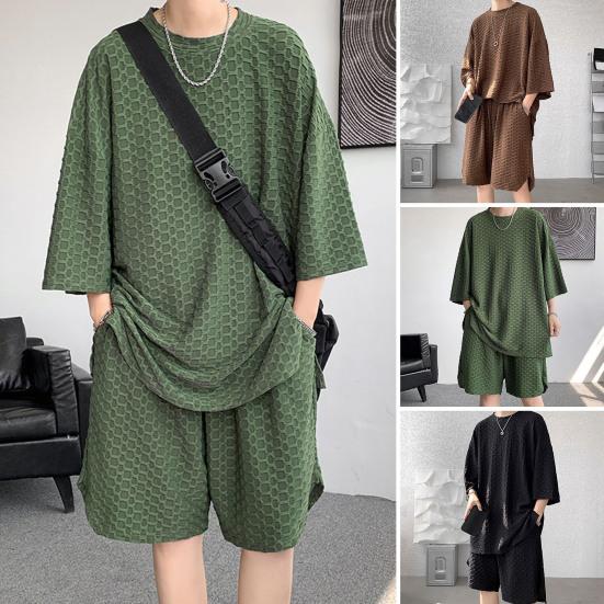 2Pcs/Set Men Casual Outfit O-neck Short Sleeve T-shirt Elastic Waist Pockets Design Wide Leg Shorts Set Solid