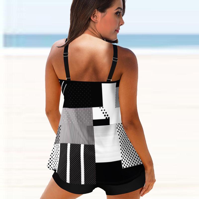 Women's Shoulder Strap Swimsuit Black and White Color Block Combination Print Bikini Tankini Swimsuit