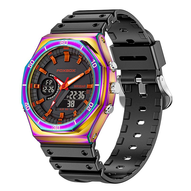 FOXBOX Fashion Men's Quartz Watch Comfort Silicone Sports Strap Military Man Watch Dual Display Waterproof Date Digital Watches