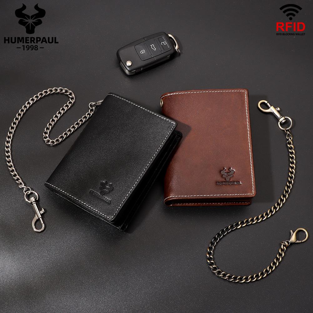 Humerpaul Упаковка подарочной коробки Натуральная кожа Мужской кошелек Rfid-кисть Тонкая сумка для карточек Противоугонная цепочка