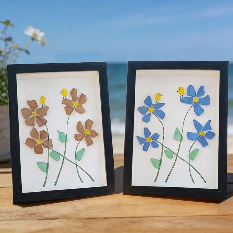 Ручная работа Рамка с декором из морского стекла Настольные украшения Незабудка Птицы Морское стекло Настольные украшения Подарок другу