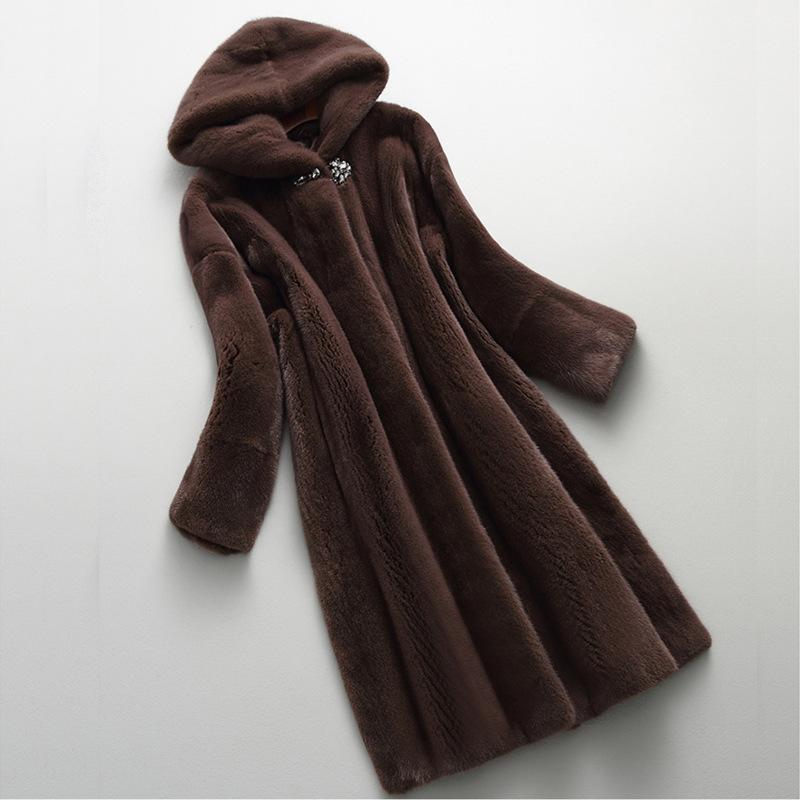 Женское осенне-зимнее длинное пальто из искусственной норки с меховым капюшоном