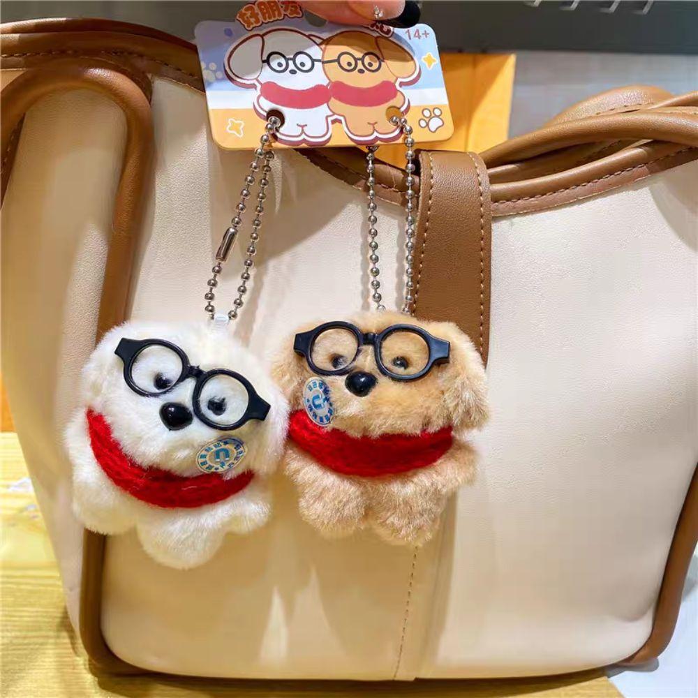 2Pcs Bag Hanging Plush Doll Keychain Cute Magnetic Dog Keychain Collar Glasses Dog Pendant Friend