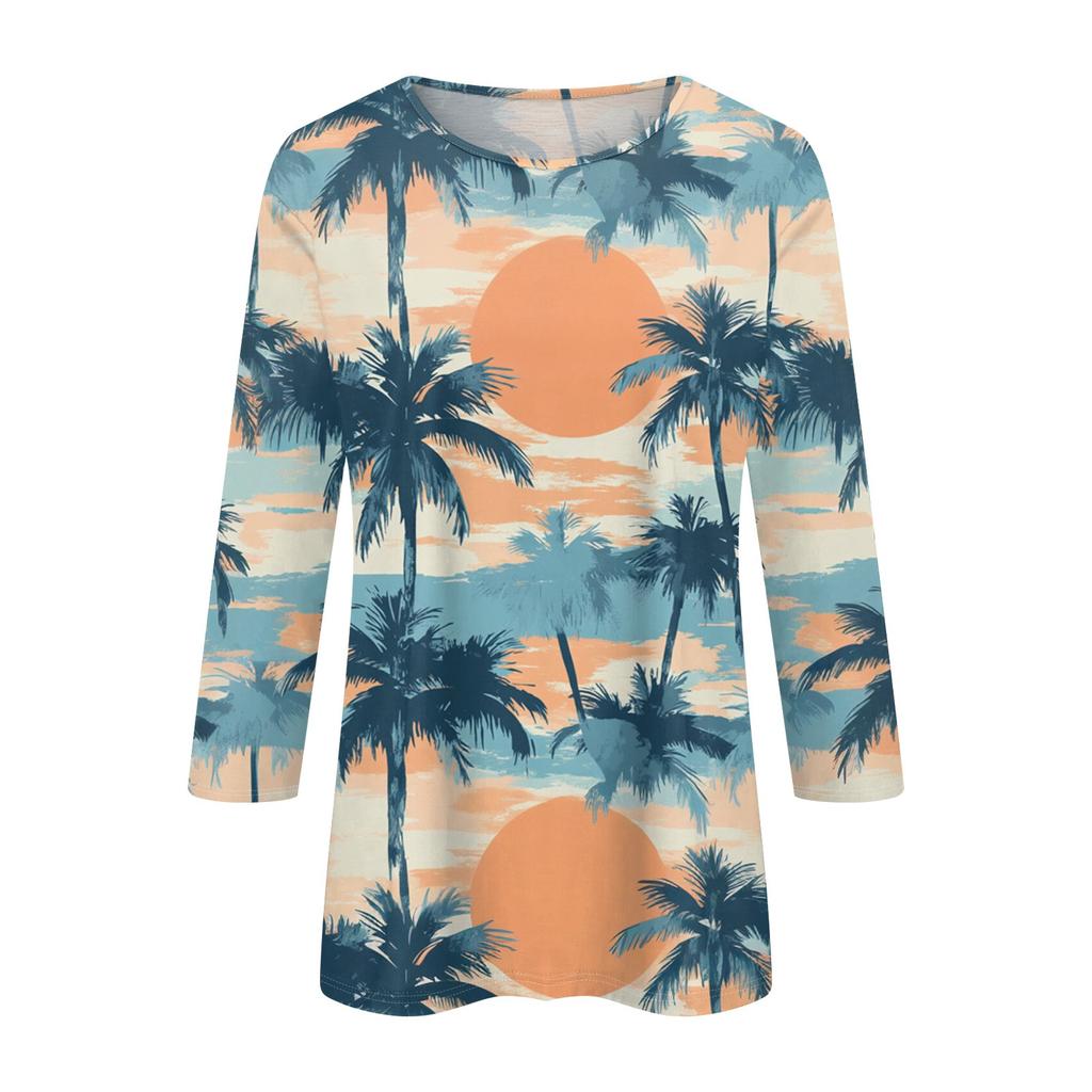 Women's Fashion Casual Round Neck 3/4 Sleeve Printed T-Shirt Ladies Top