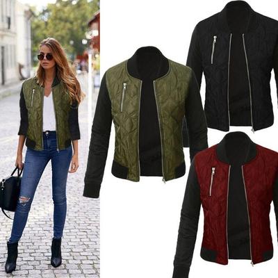 Осень Зима Женская Базовая Стеганая Куртка-Бомбер на Молнии