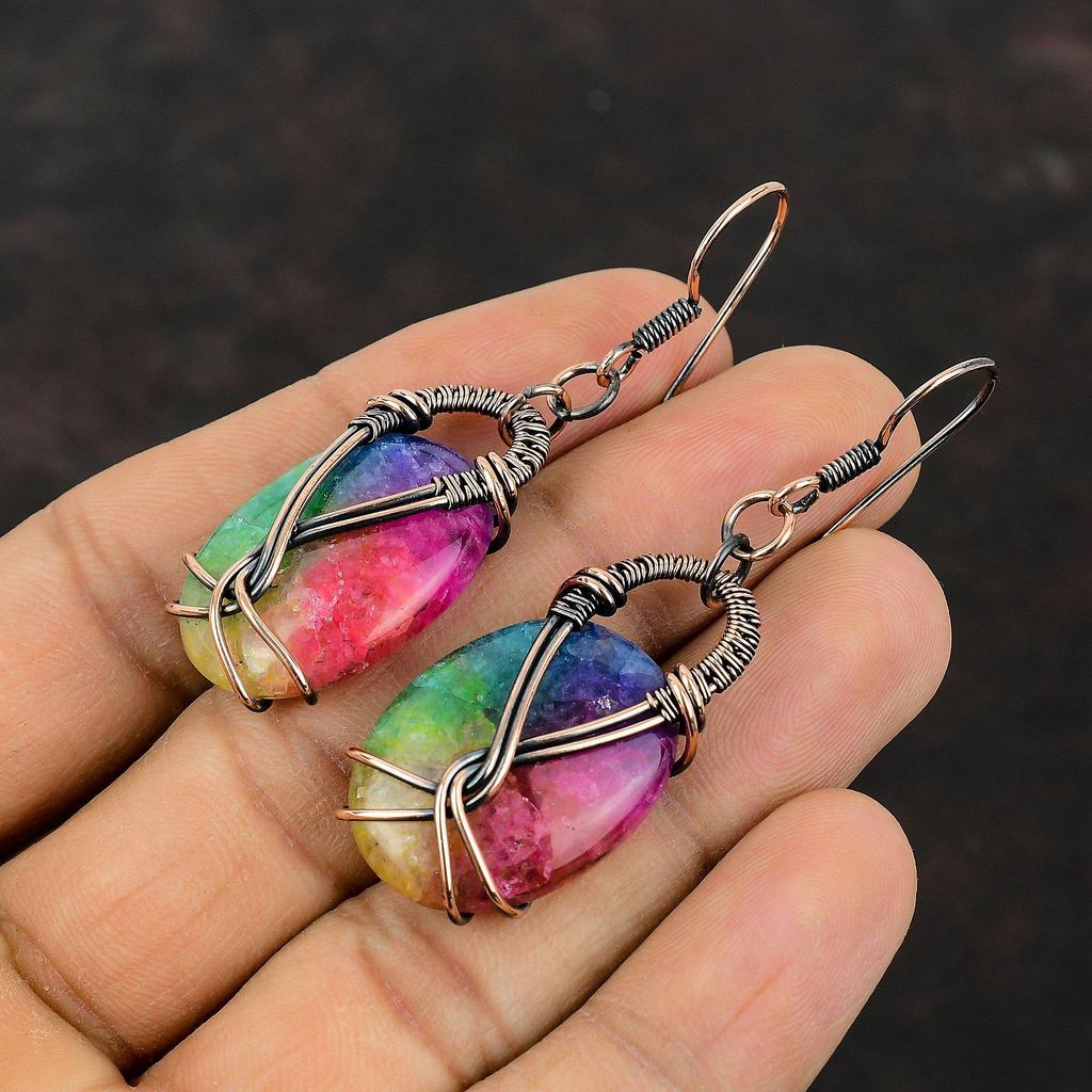 Радужные солнечные кварцевые серьги-друзы, серьги из медной проволоки, серьги ручной работы, ювелирные изделия из медной проволоки, серьги из натурального драгоценного камня, подарок для мамы