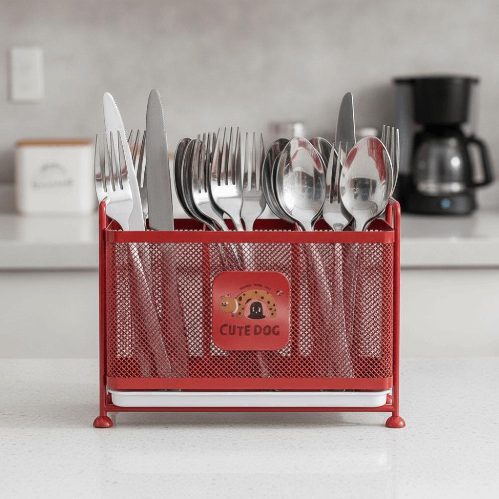 Carbon Steel Cutlery Drain Rack with Drip Tray Cutlery Holder Kitchen Counter-top