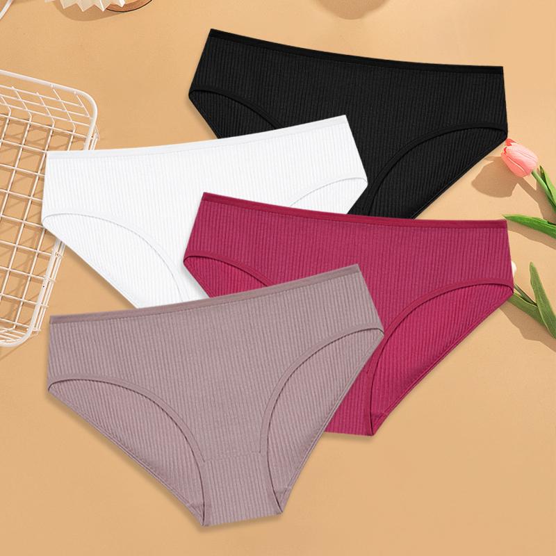 4Pcs Women's Cotton Ribbed Briefs Solid Breathable Elastic Underwear Sexy Simple Comfortable Panties Girls Soft Basics Lingerie