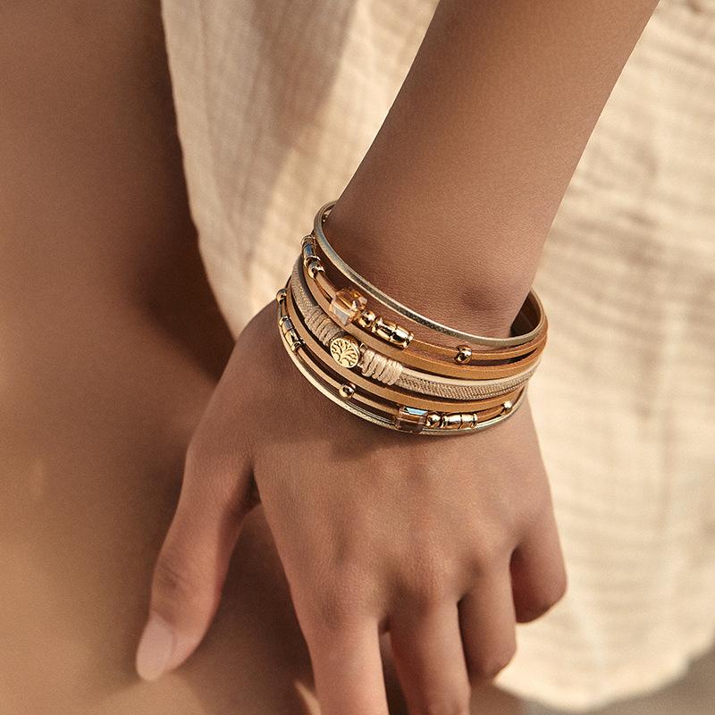 Кожаный браслет с бусинами для женщин, массивная цепочка, многослойный обруч, широкие браслеты, украшения для вечеринок, аксессуары