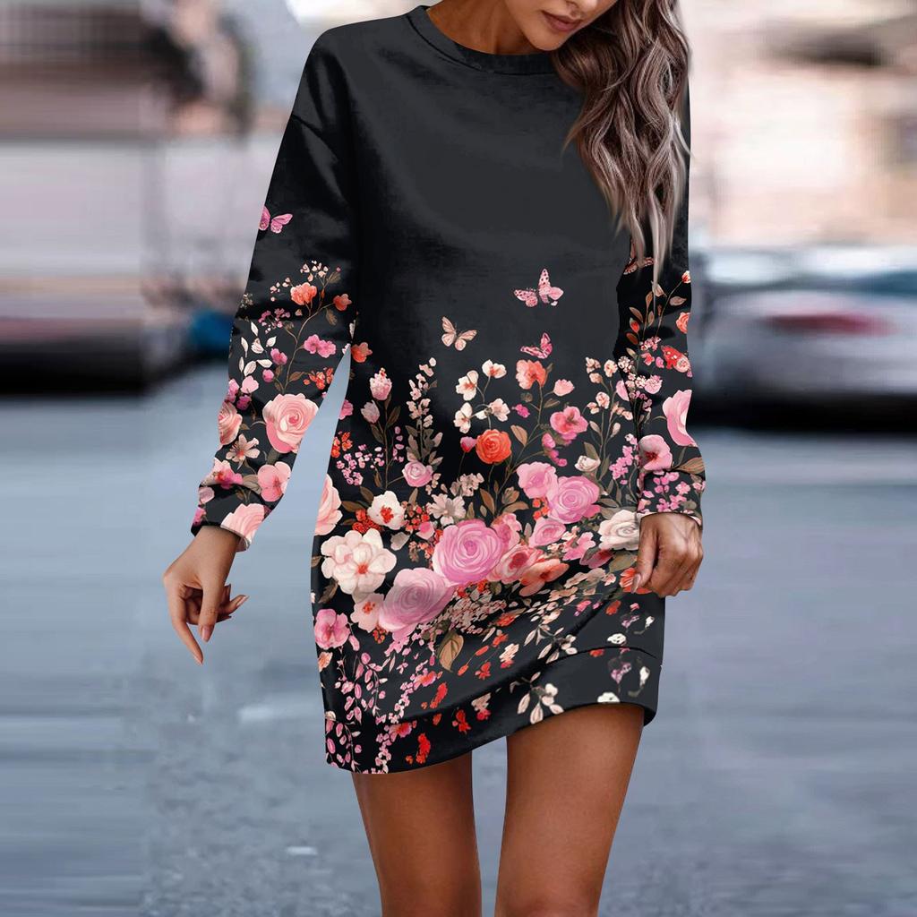 Женское платье-халат с круглым вырезом и винтажным цветочным принтом, с длинным рукавом, платья-толстовки