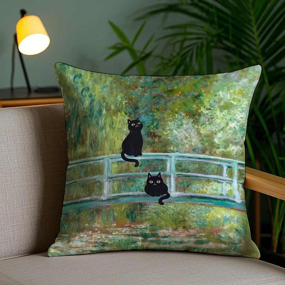 Cute Black Cat Oil Painting Cushion Cover Plush Fabric DoubleSided Printed Invisible Zipper Sofa Pillow Case Home Bedroom Decor