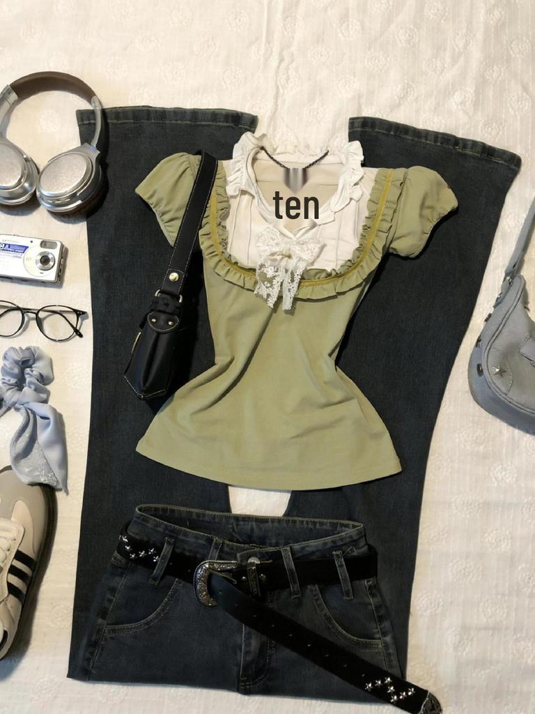 Винтажный топ Y2K с зеленым кружевным бантом, облегающий, пэчворк, с короткими рукавами