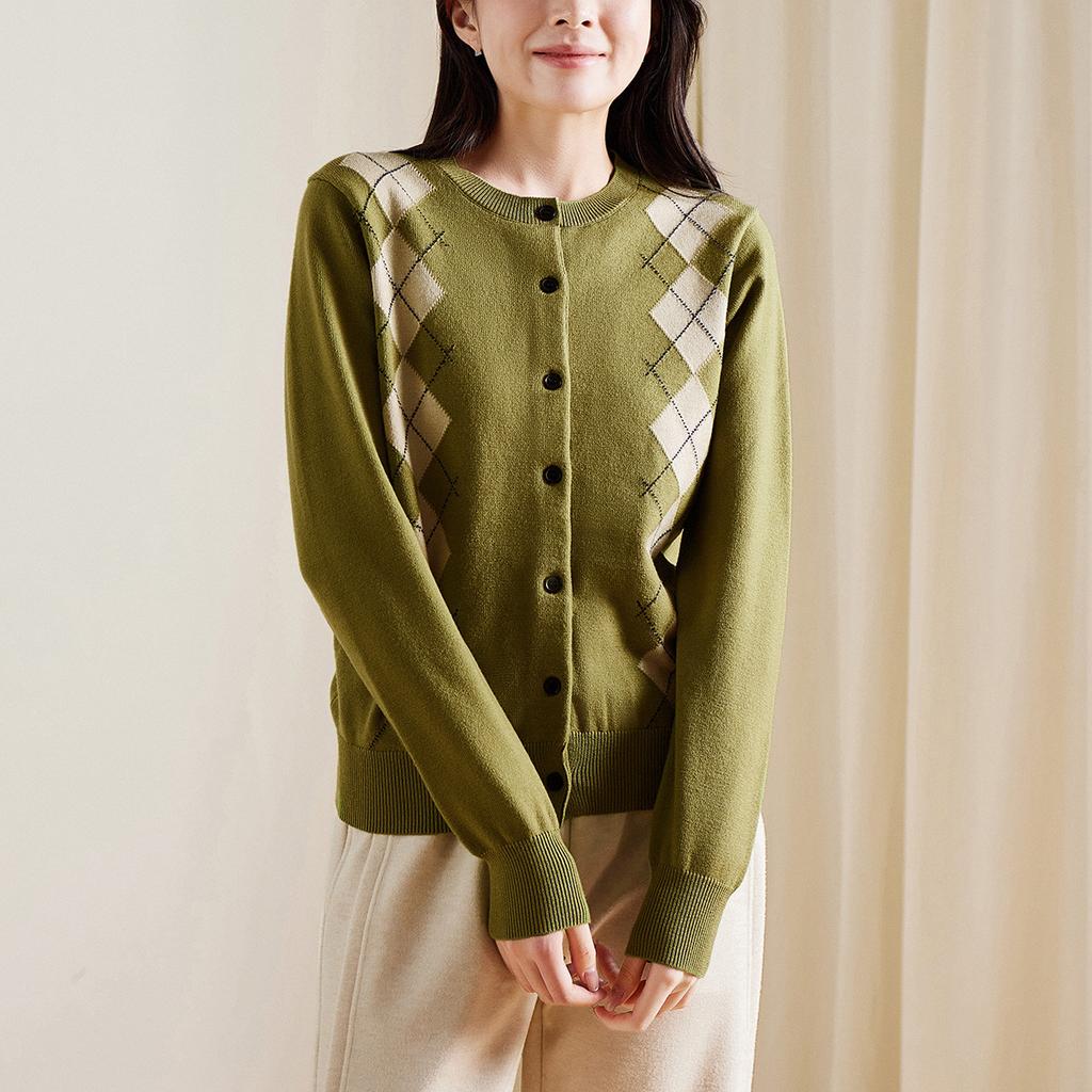 French Retro Contrasting Diamond Grid Knitted Cardigan Jacket