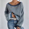 Women's Fall/Winter Loose One-line Shoulder Off-the-shoulder Knit Vintage Lantern Sleeve Striped Sweater