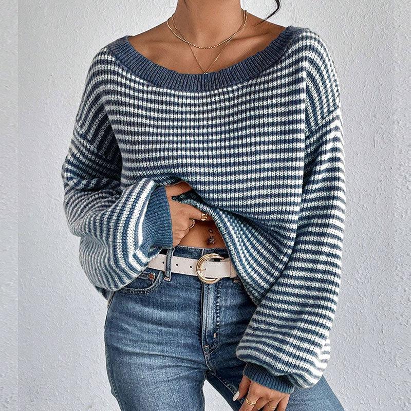 Women's Fall/Winter Loose One-line Shoulder Off-the-shoulder Knit Vintage Lantern Sleeve Striped Sweater