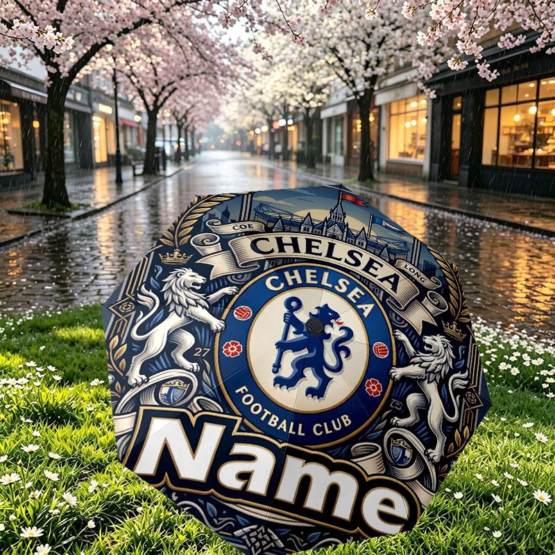 Custom Name Personalized Chelsea Football Club Print Umbrella, Auto Open Close, 8‑Rib Sturdy Frame, Commute Camping Hiking Use, Birthday Gift