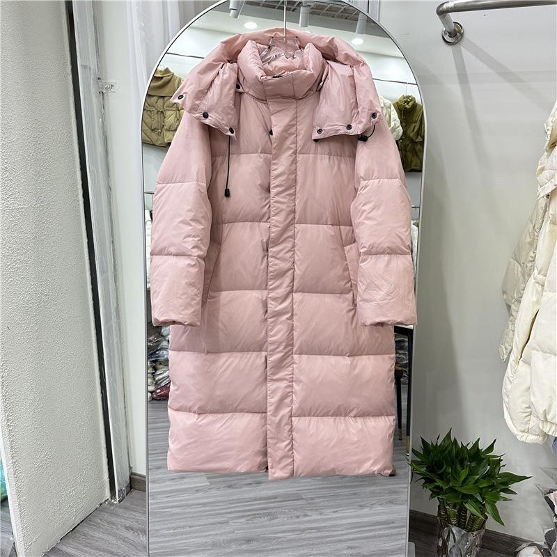 Длинный пуховик женский выше колена зимний новый модный свободный утолщенный белый утиный пух большой стеганый разрыв