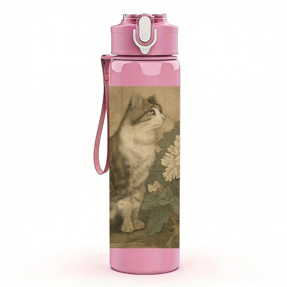 1PC Vintage Cat Flower Painting 750ml Color Plastic Sports Water Bottle Leakproof Flip Straw Lid Suitable for Sports Office Home Use