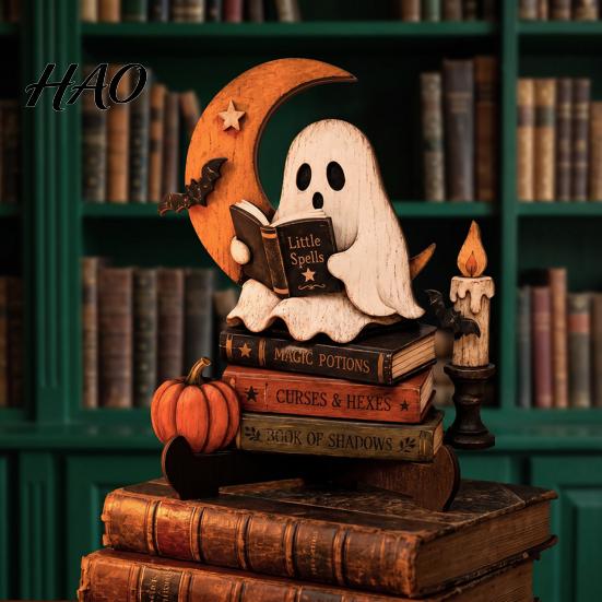 Unique Halloween Gift for Friends Reading Ghost Figurine, Retro Wooden Statue, Vintage Desktop Interior Ornament with Stacked Book Home Office