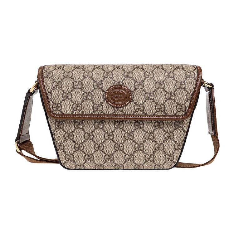 Gucci Interlocking Double G Oval Tag Trapezoidal Leather And Canvas Crossbody Shoulder Bag Men bags 715767-92THG-8563
