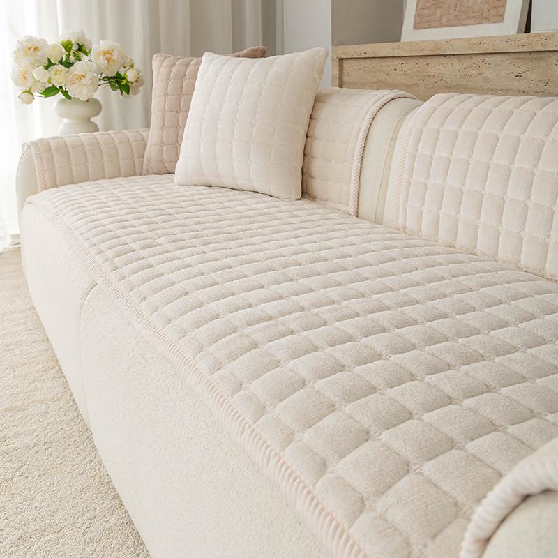 Dark Grey Flannel Sofa Cushion Covers Grid Quilted Thick Warm Seat Cover Non-Slip Anti-Scratch Sofa Protector for Living Room