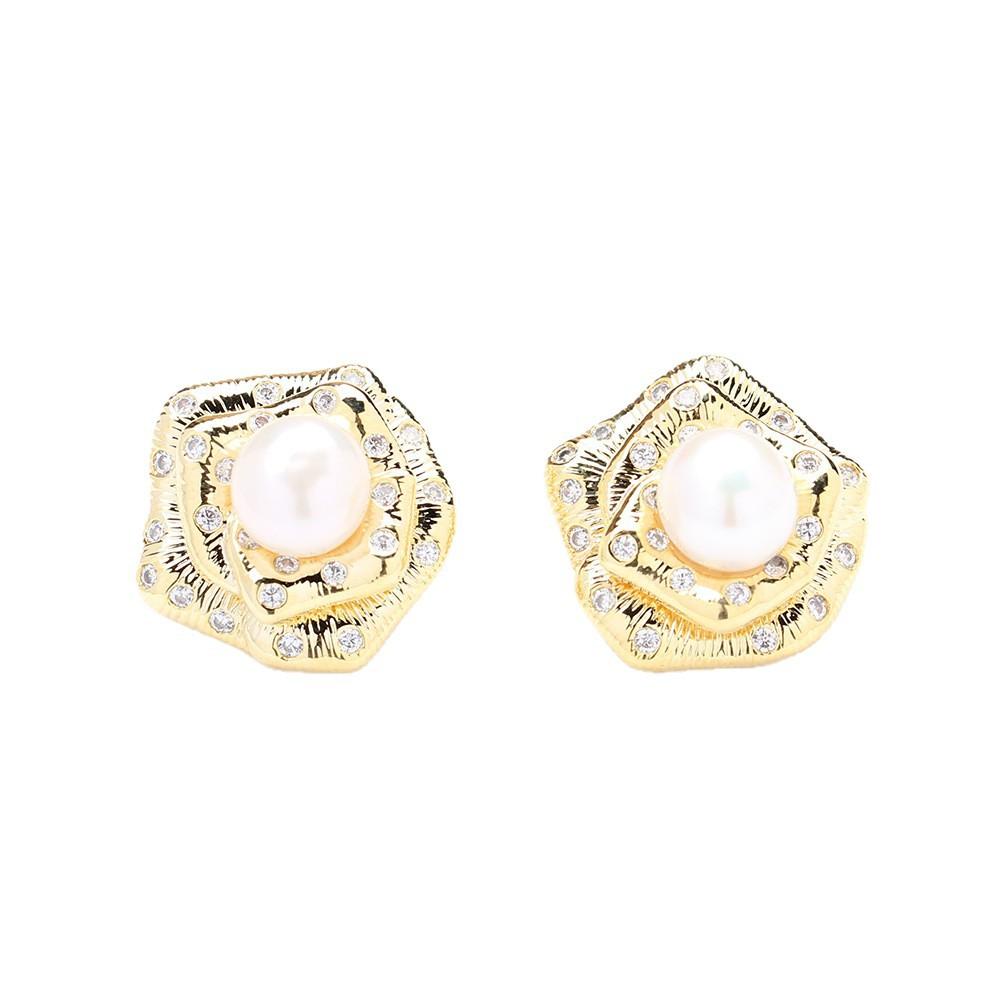 Rose stud earrings, silver needle earrings, pearl camellia ear clips, elegant and delicate small fragrant style, gold and silver two-color stone-inlai