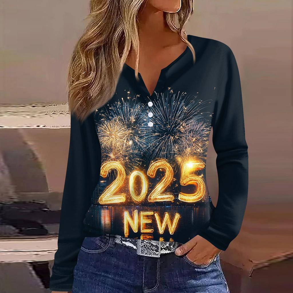 Жен. Футболка Футболка С принтом Пуговицы Длинный рукав Повседневные Выходные Мода Классический V-образный вырез Обычный Верх