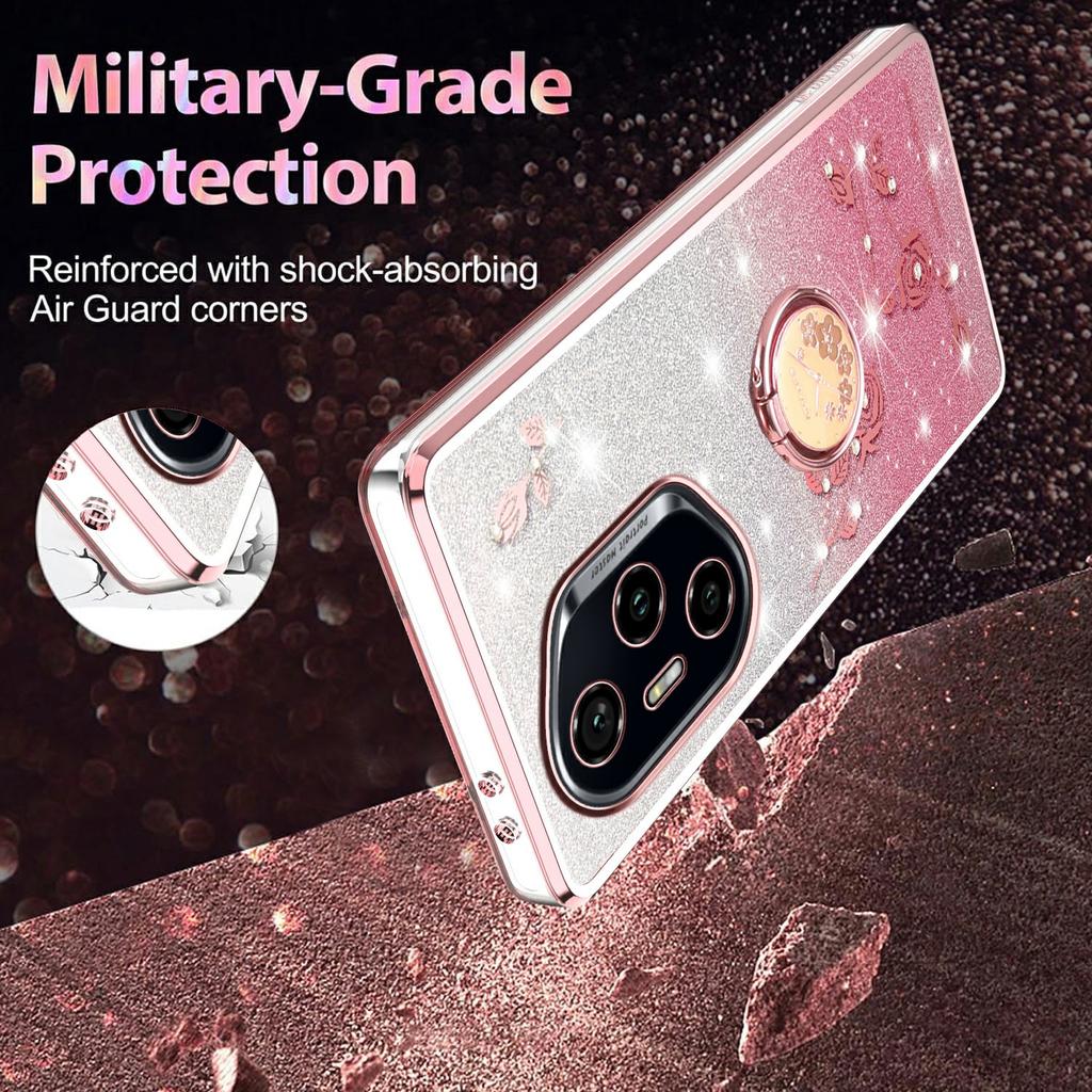 KADEM For Honor 400 Pro 5G (Global) Case Ring Kickstand TPU Flowers Phone Cover Gradient Glitter