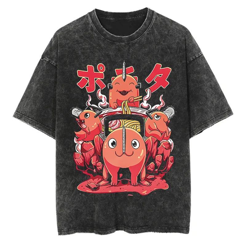 Chainsaw Man Anime Vintage Printed Washed T-shirt Women Men Harajuku Oversize Streetwear Y2K Tops Short Sleeve Tee