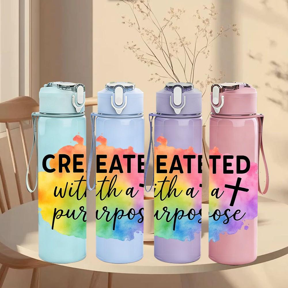 1PC Created With Purpose Cross Quote Pattern 750ml Color Plastic Sports Water Bottle Leakproof Flip Straw Lid Suitable for Sports Office Home Use