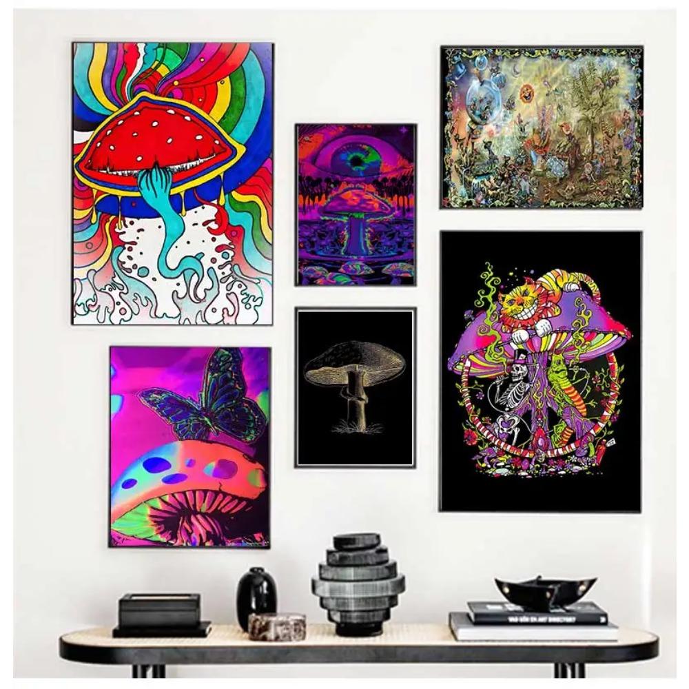 Posters and Print Psychedelic Magic Black light Wall Art Canvas Painting bilder cuadros Trippy Visual Mushroom Mind Education