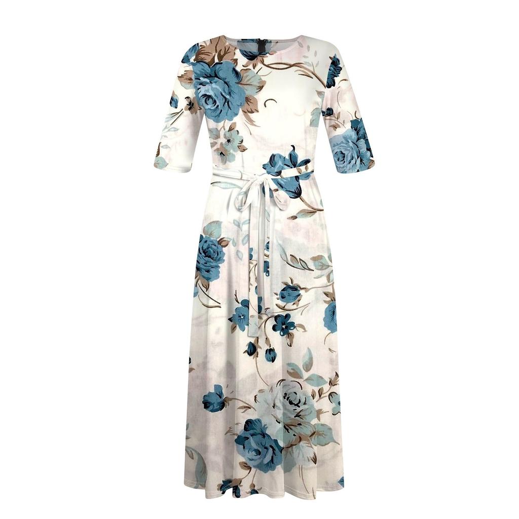Женское повседневное модное свободное платье большого размера с цветочным принтом и круглым вырезом, рукавами три четверти, карманами и бретелями