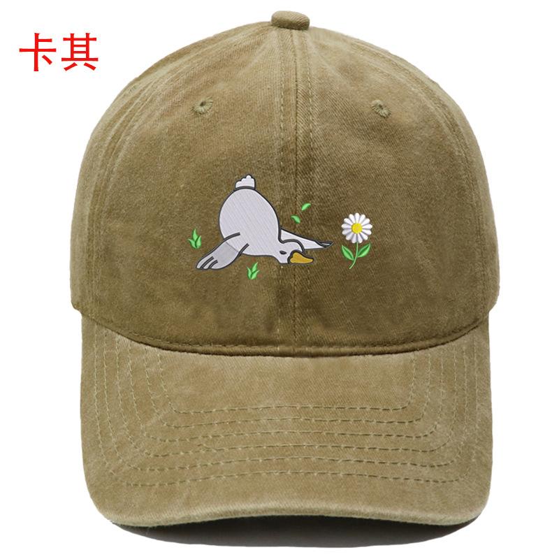 New cute big white goose embroidered flower baseball cap washed retro men's and women's casual outdoor sun hat