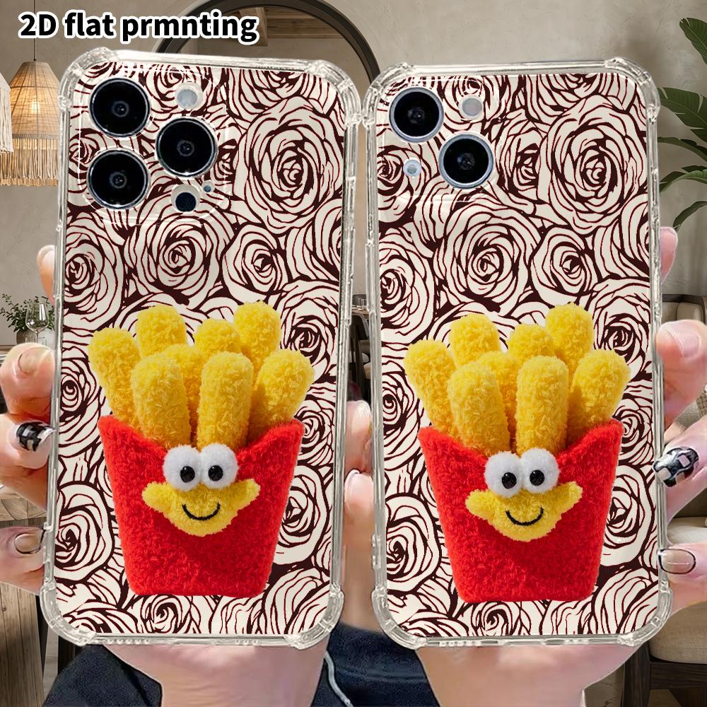 Phone Case: 2D flat design, suitable for iPhone 18, 17, 16, 15, 14, 13 Pro, transparent corner protective case, with doll and fries, Christmas and Hal