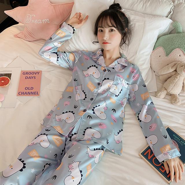 Autumn Ice Silk Pajamas Ladies Lapel Casual Loose Home Clothes Women's Silk Sexy Pajamas Long-sleeved Trousers Two-piece Suit