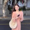 Womens Pink Knit Sweater Dress V-Neck Long Sleeve A-Line Midi Soft Rayon Blend Casual Elegant Outfit