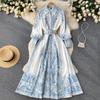 Spring and Autumn Women's Dress Court Style Retro Printing Temperament Polo Collar Shirt Long Skirt Waist Dress